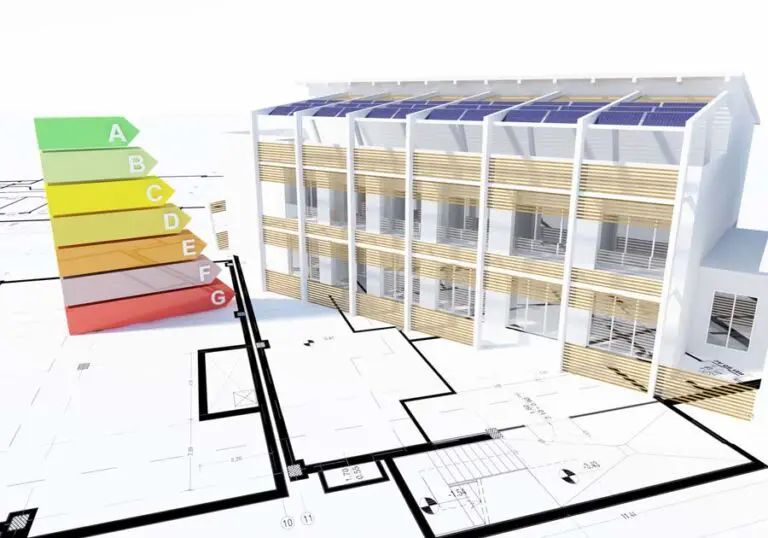 Immagine di un fabbricato sopra una planimetria e schema di classificazione energetico a fianco